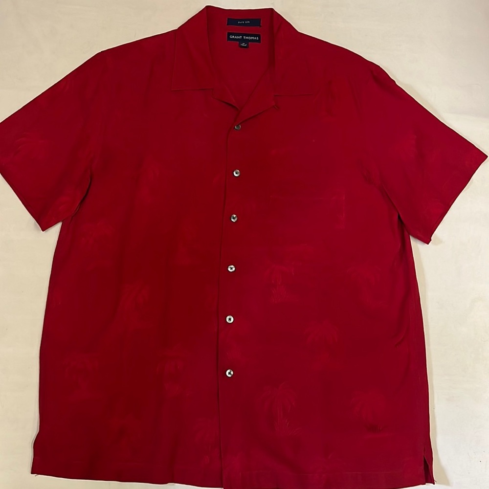 Grant Thomas Men's 100% Pure Silk Short Sleeve Button-Down Shirt Red Size M